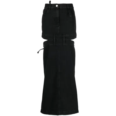 Attico Midi Black Skirt With Maxi Cut-out In Denim Woman