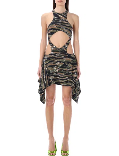Attico Military-inspired Printed Mini Dress With Unique Details In Camouflage