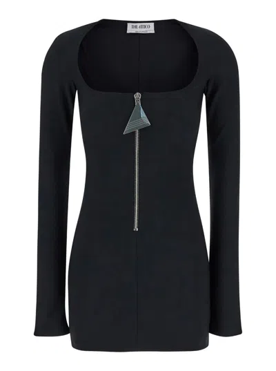Attico Mini Black Dress With Branded Zip Puller In Tech Fabric Woman