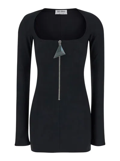 Attico Mini Black Dress With Branded Zip Puller In Tech Fabric Woman