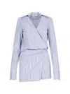 Attico Mini Striped Dress With V-neck, Long Sleeves, White And Navy Blue Cotton, Tied Waist In Light Blue