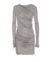 Attico Draped Satin Long Sleeved Mini Dress In Grey