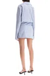Attico Mini Striped Dress With V-neck, Long Sleeves, White And Navy Blue Cotton, Tied Waist