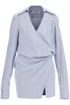 Attico Mini Striped Dress With V-neck, Long Sleeves, White And Navy Blue Cotton, Tied Waist In White
