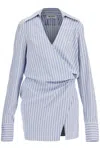 Attico Mini Striped Dress With V-neck, Long Sleeves, White And Navy Blue Cotton, Tied Waist In White