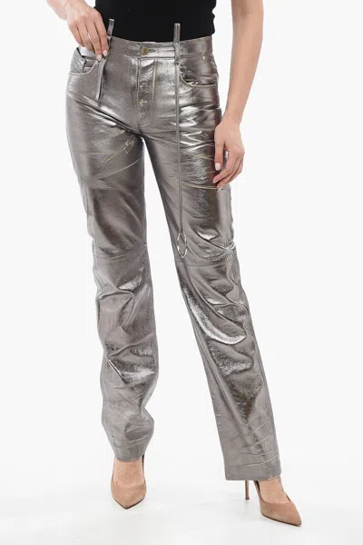Attico Mirror-like Leather Pants With Worn Out Effect In Silver