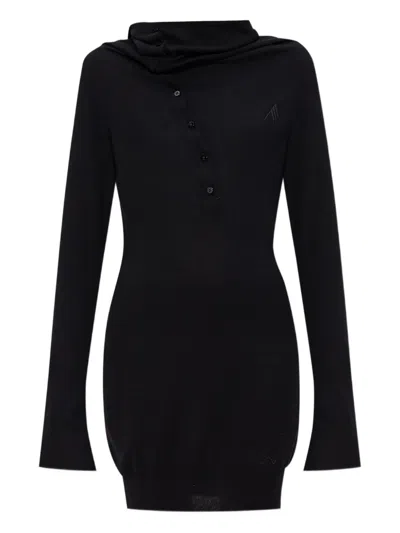 Attico Mock-neck Button-up Mini Dress In Black