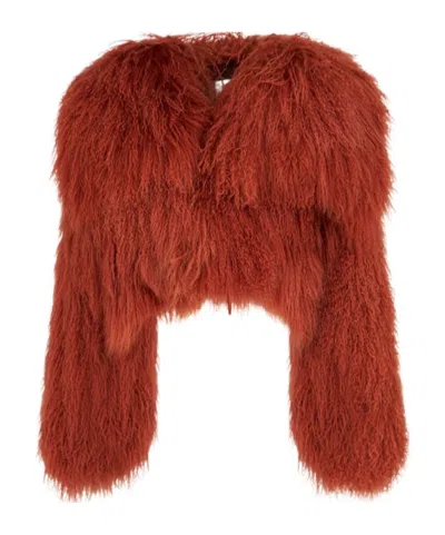 Attico Mongolian Fur Short Coat In Orange