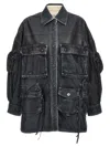 Attico Oversize Cotton Fern Denim Jacket With Button And Drawstring In Navy Blue