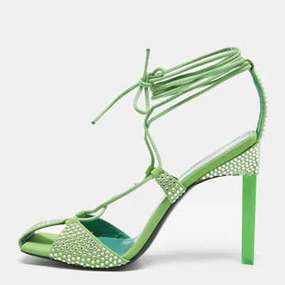 Pre-owned Attico Neon Green Fabric And Suede Crystal Embellished Adele Sandals Size 40