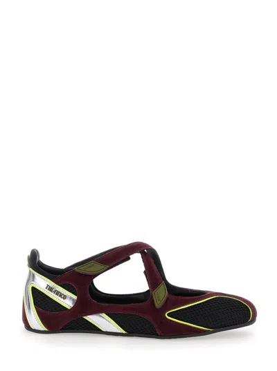 ATTICO 'NOMAD' BORDEAUX BALLET SHOES WITH CRISS-CROSSED STRAPS AND MESH PANELS IN TECH FABRIC AND SUEDE WOM