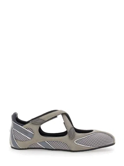 ATTICO 'NOMAD' GREY BALLET SHOES WITH CRISS-CROSSED STRAPS AND MESH PANELS IN TECH FABRIC AND SUEDE WOMAN