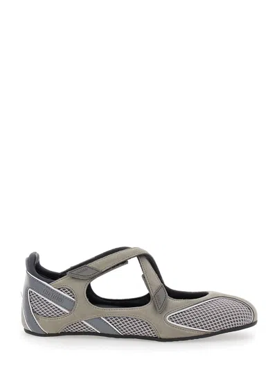 Attico Nomad Grey Ballet Shoes With Criss-crossed Straps And Mesh Panels In Tech Fabric And Suede Woman