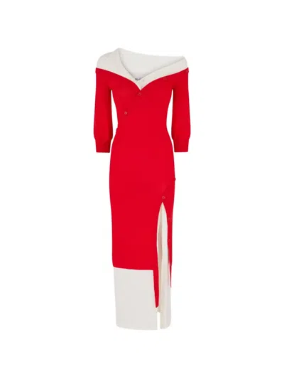 Attico Off-shoulder Knitted Midi Dress In Red