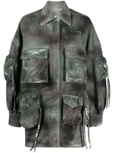 Attico Olive Green Camo Distressed Denim Jacket In Brown