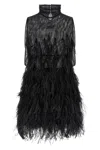 Attico Feathered High Neck Dress With Sheer Overlay In Black