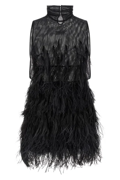 Attico Feathered High Neck Dress With Sheer Overlay In Black