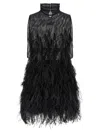 Attico Feathered High Neck Dress With Sheer Overlay In Black