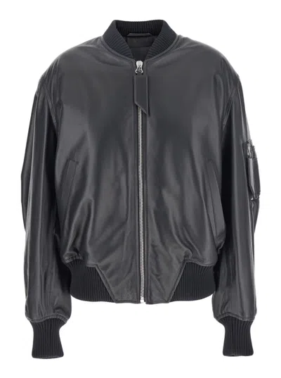 Attico Oversized Leather Bomber Jacket With Ribbed Details In Black