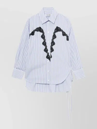 Attico Oversized Striped Shirt With Shoulder Pads And Lace Detailing In Blue