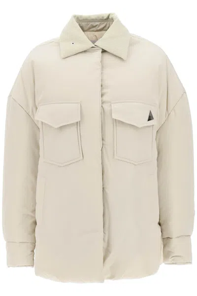 Attico Oversized Tan Puffer Jacket With Corduroy Collar And Lavender Logo Plaque In Beige