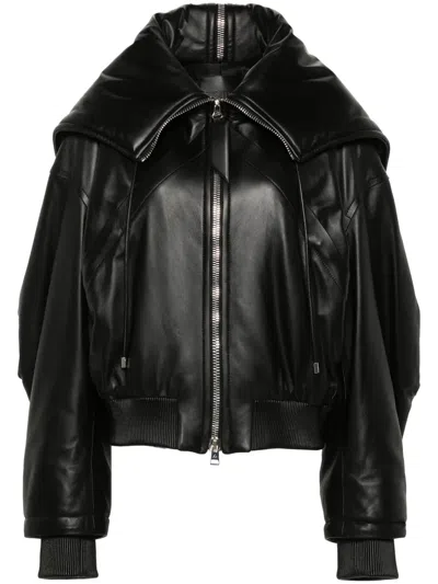 Attico Black Bomber Jacket With Zipped Oversized Hood In Leather Woman