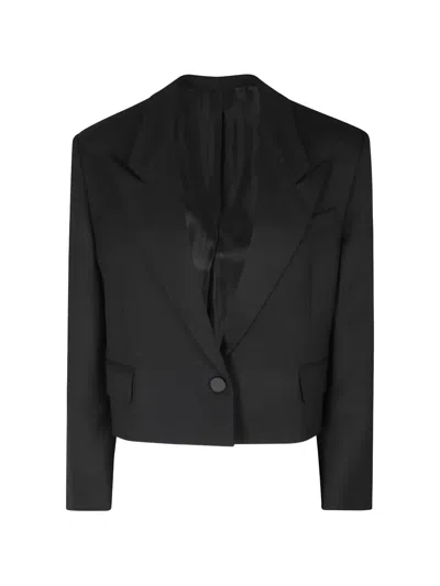 Attico Cropped Darted Wool-blend Gabardine Jacket In Black