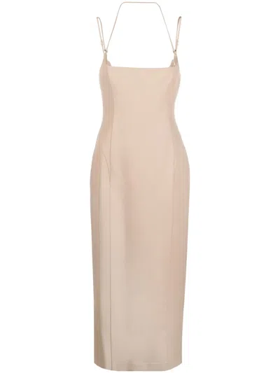 Attico Double-strap Gabardine Midi Dress In Neutrals