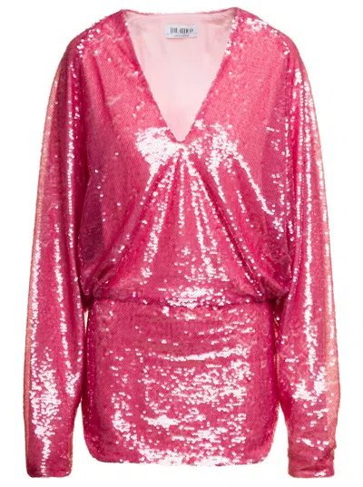Attico Pink Gael Mini Dress With Long Sleeves And All-over Paillettes Embroidery