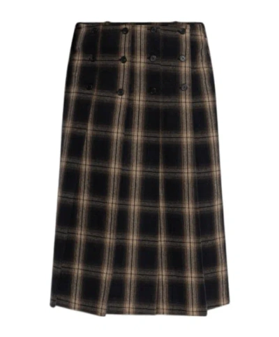 Attico Brown Brushed Check Midi Skirt In Multi