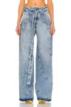 Attico Pre-loved Denim With Slit Pockets And Belted Waist Jean In Blue In Blue