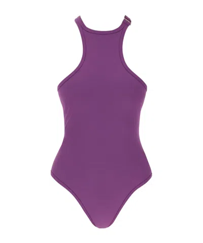 Attico Racerback Fine-ribbed Swimsuit In Purple