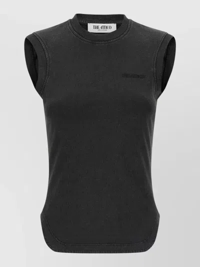 Attico Reese Crew Neck Sleeveless Top Curved Hem In Black