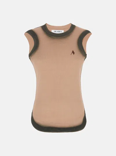 Attico Beige Sleeveless Crewneck Top With Contrasting Logo Embroidery On The Front In Cotton Woman In Brown