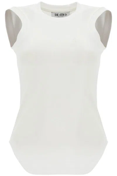 Attico Crew Neck Cotton Top With Ribbed Trimmings In White