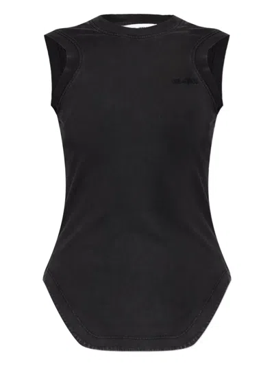 Attico Reese Crew Neck Sleeveless Top Curved Hem In Black