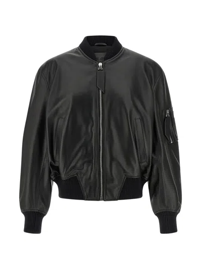 Attico Ribbed Leather Bomber Jacket In Black