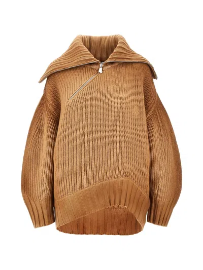 Attico Knitwear Top Oversized Collar Textured Knit In Brown