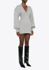 Attico Rubberized Logo V-neck Mini Dress In Gray