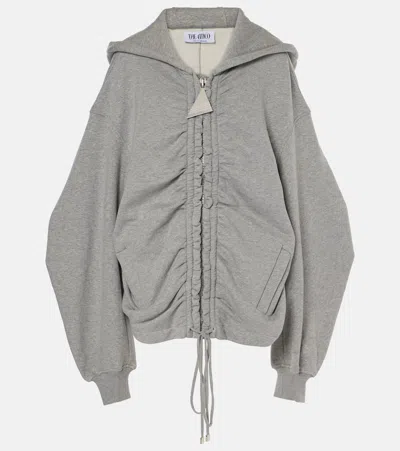 Attico Ruched Cotton Jersey Zip-up Hoodie In Gray