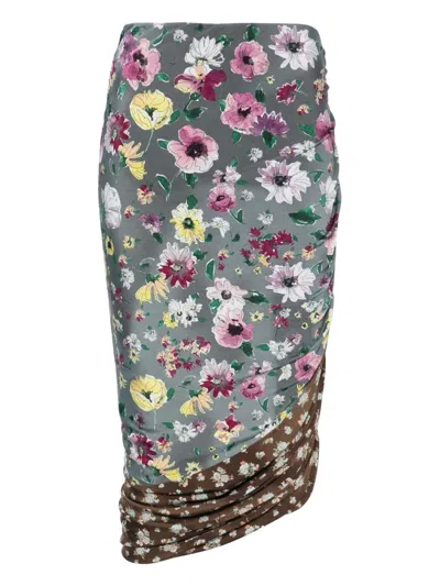 Attico Ruched Patchwork Midi Skirt In Multi
