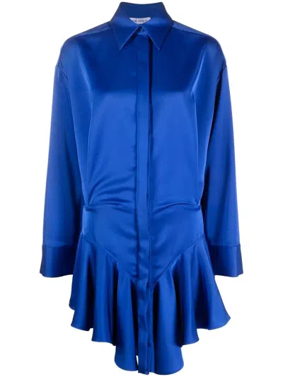 Attico Ruffled Satin Shirtdress In Blue