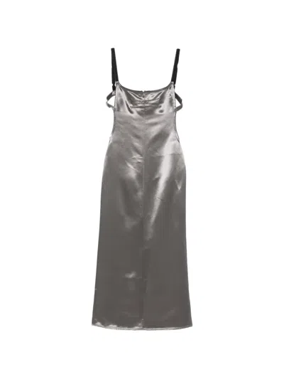 Attico Satin Midi Dress Square Neckline Straps In Gray