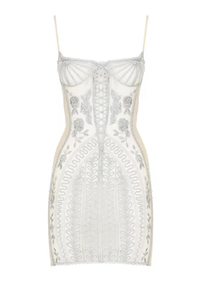 Attico Satin Mini Dress With Embroideries In Natural