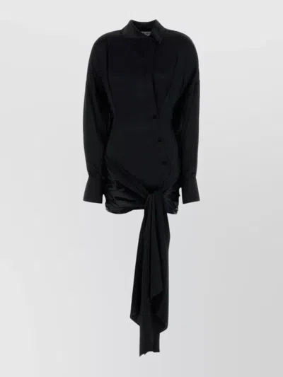 Attico Satin Shirt Dress Draped Detail Asymmetric Hem In Black