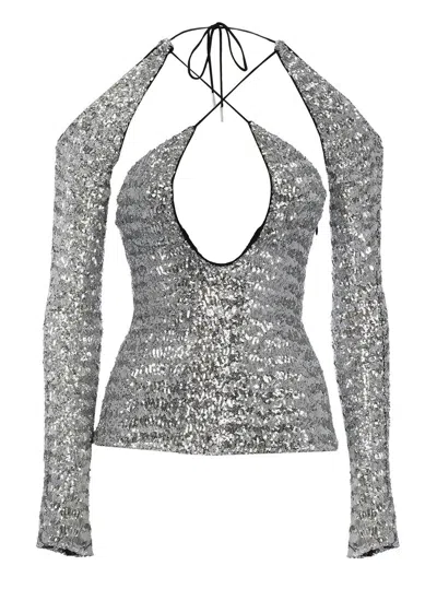 Attico Sequin Embellished Cut-out Detailed Top In Silver