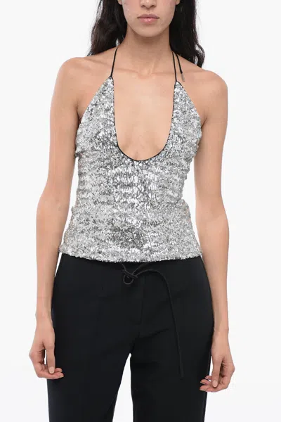 Attico Sequined All-over Halterneck In Silver