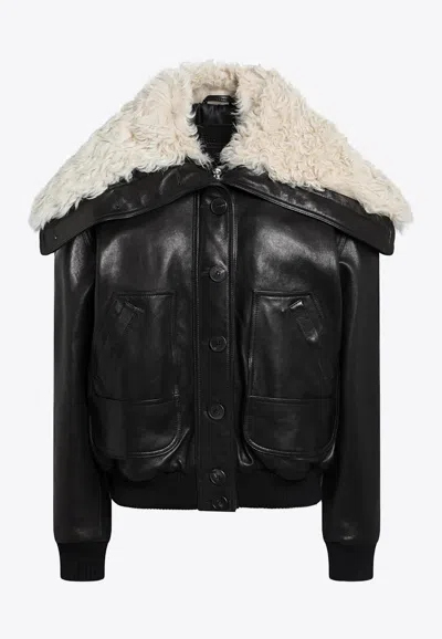 Attico Shearling Collar Leather Bomber Jacket In Black