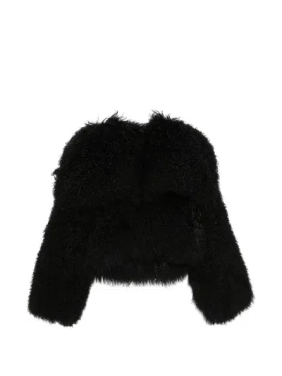 Attico Cropped Jacket Long Sleeves Faux Fur In Black