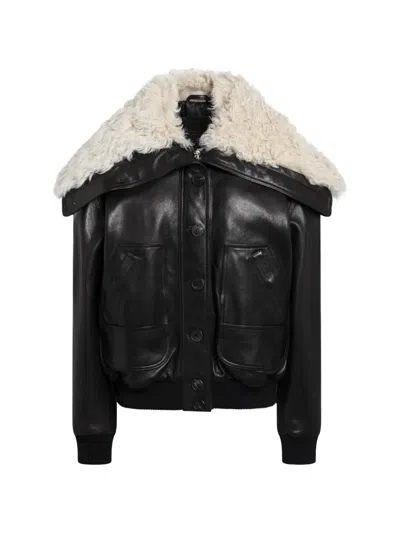 Attico Jacket Shearling Collar Front Pockets Ribbed In Black